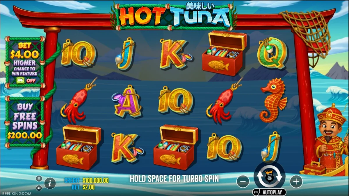 Pemandangan laut yang cerah dengan elemen bertema memancing di slot Hot Tuna