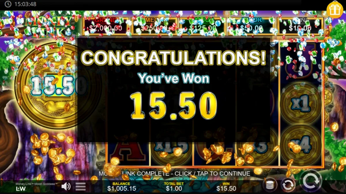 Tampilan visual slot Money Link Moon Goddess dengan tema Dewi Bulan dan taman malam yang tenang