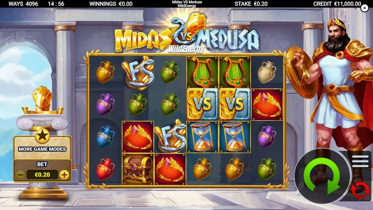 Midas VS Medusa WildEnergy slot machine interface featuring mythical characters
